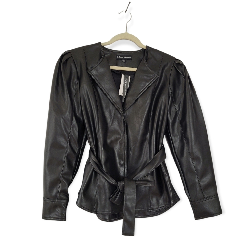 CATHERINE MALANDRINO Black Vegan Faux Leather Wrap Jacket w/Puff Sleeves